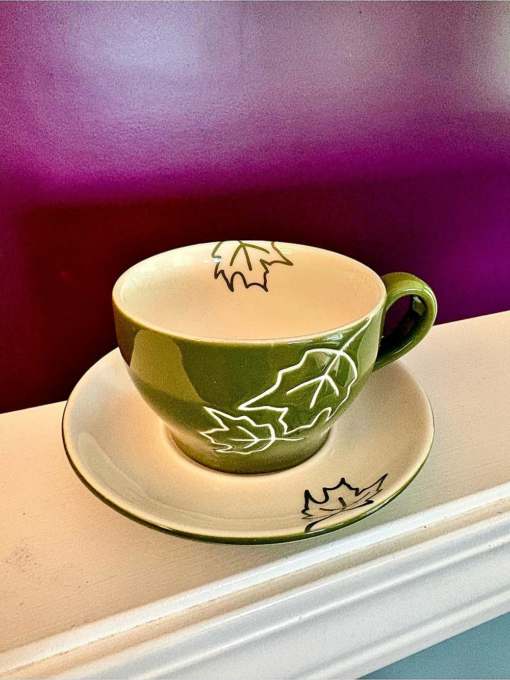 Starbucks 2007 Autumn Leaves Cup & Saucer Set Green & White